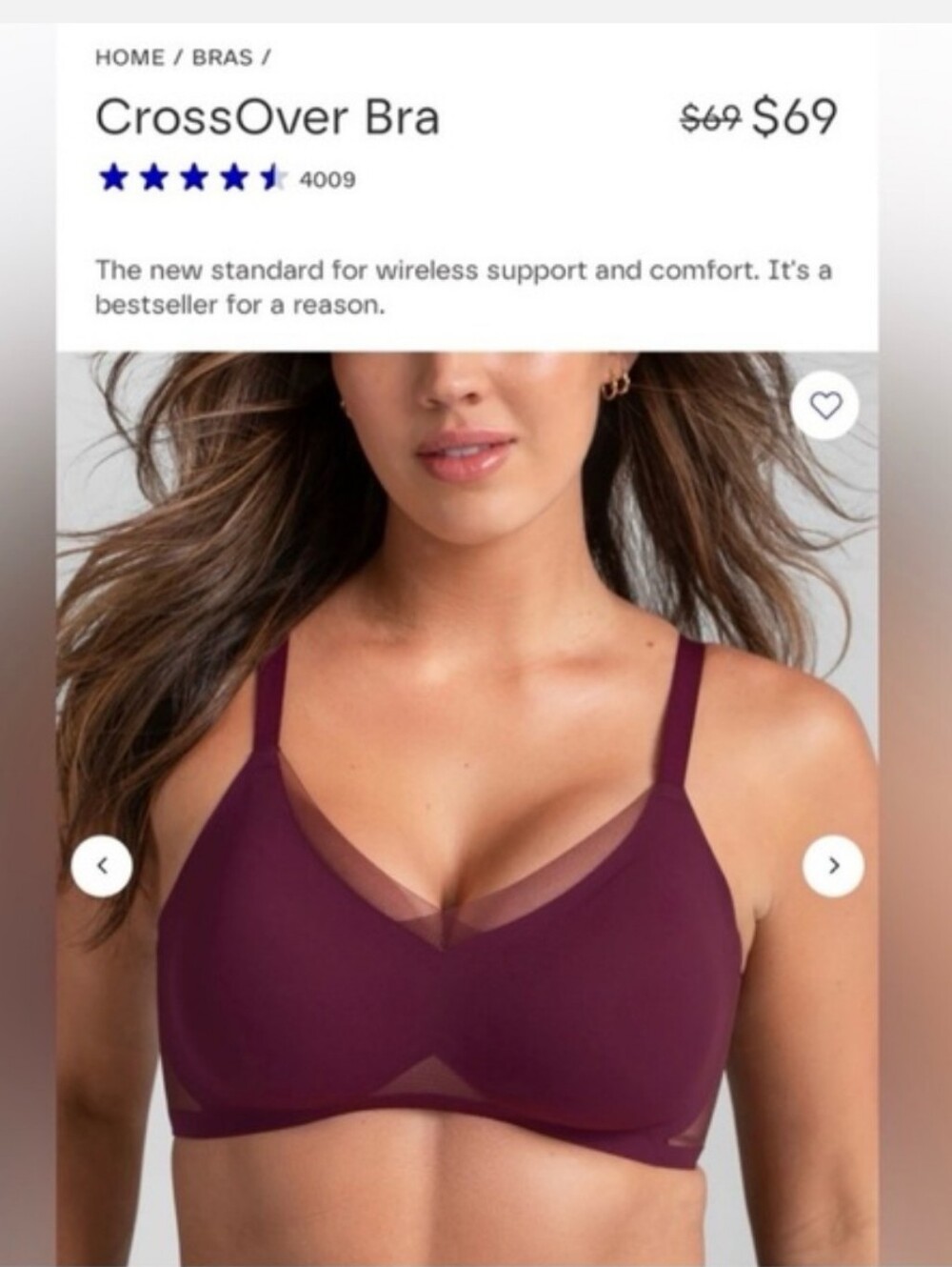 HoneyLove Crossover Wireless Bra, 1X, Maroon, Convertible Straps, Removable Cups